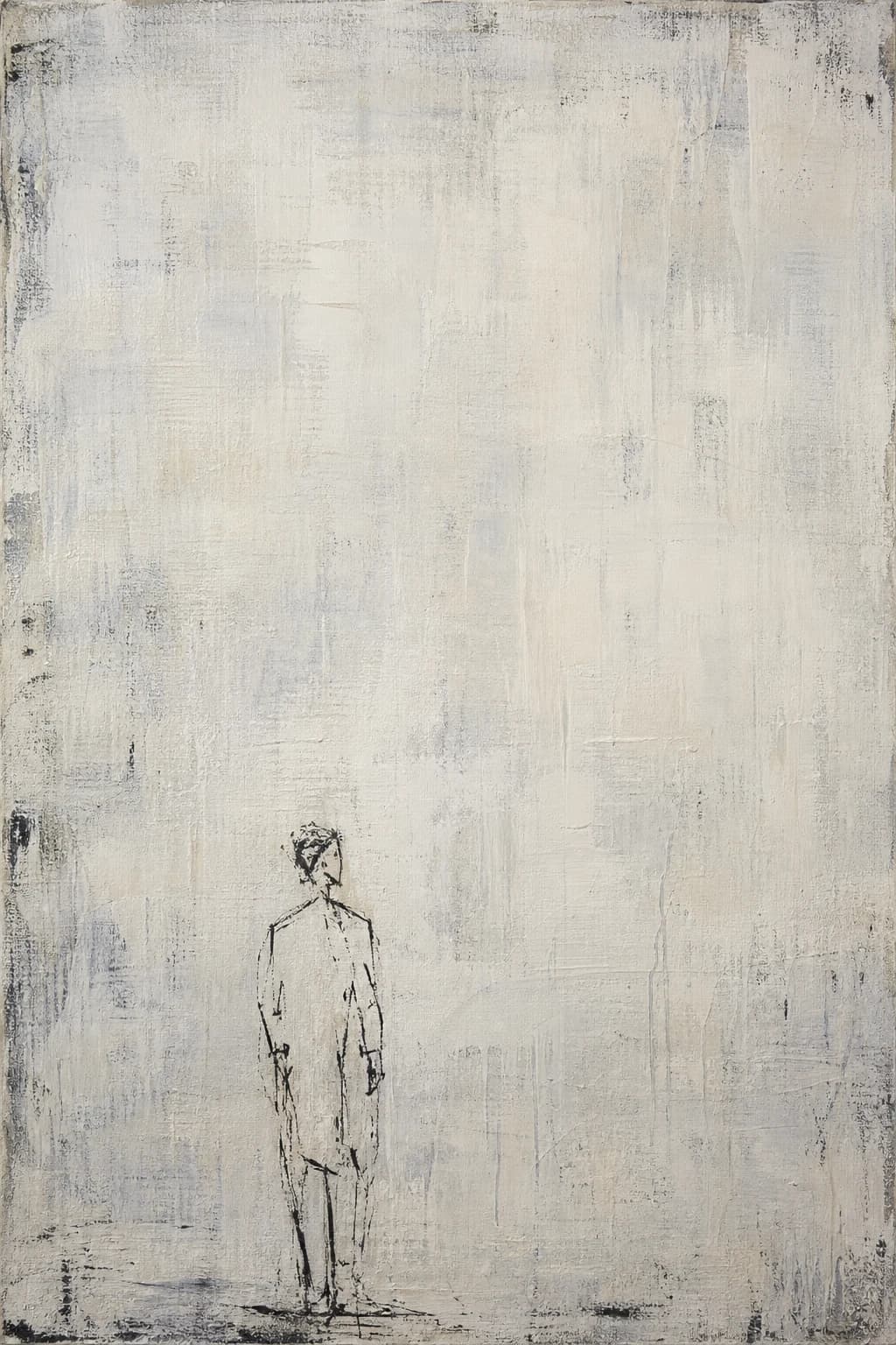 Almost an empty canvas. Bone white and pale grey, scraped back until the weave shows. One thin figure stands small and off-centre near the bottom, drawn in a few black lines, with an enormous open space above it.