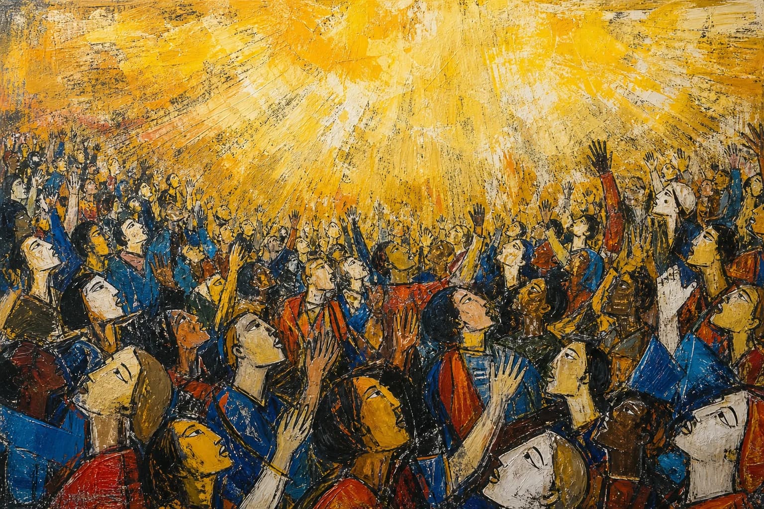 A wide painting packed edge to edge with a crowd of every skin tone, faces lifted and hands raised, each person only a few brush marks. The upper third opens into gold and white light with nothing drawn in it.
