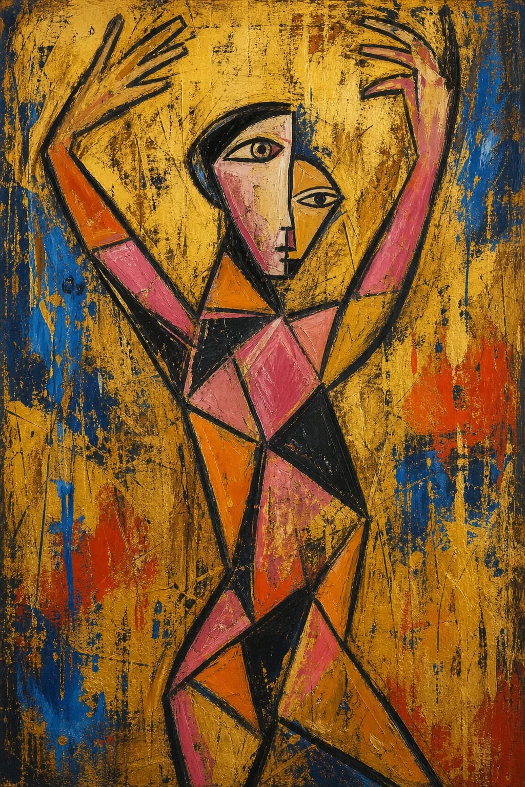 A standing figure with both arms lifted, on a scratched gold ground, the body broken into facets of pink, orange and black, the face flattened toward a mask.