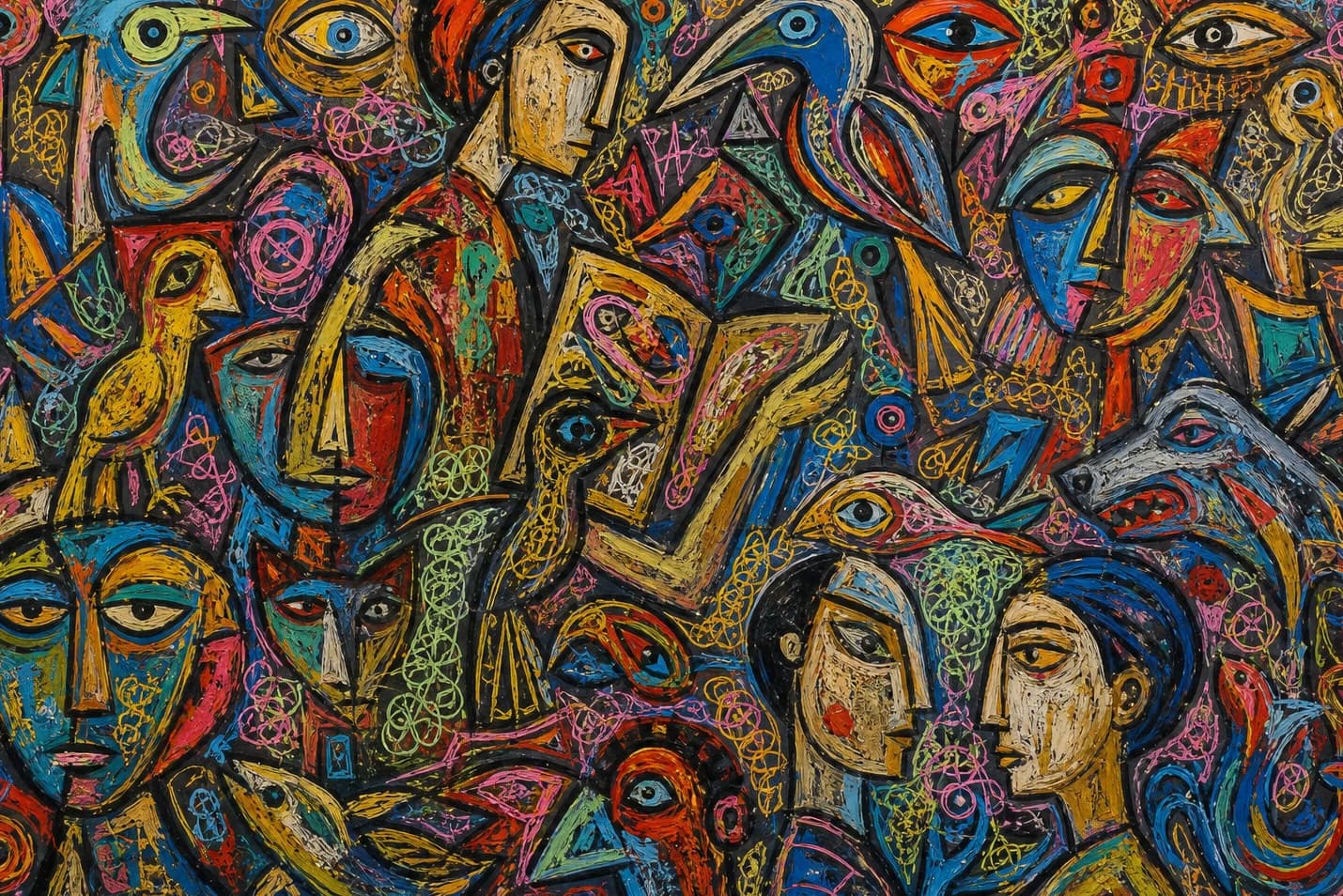 An allover field of faces, birds and small creatures in looping line work over a dark ground, acid yellow and hot pink and cyan packed edge to edge.