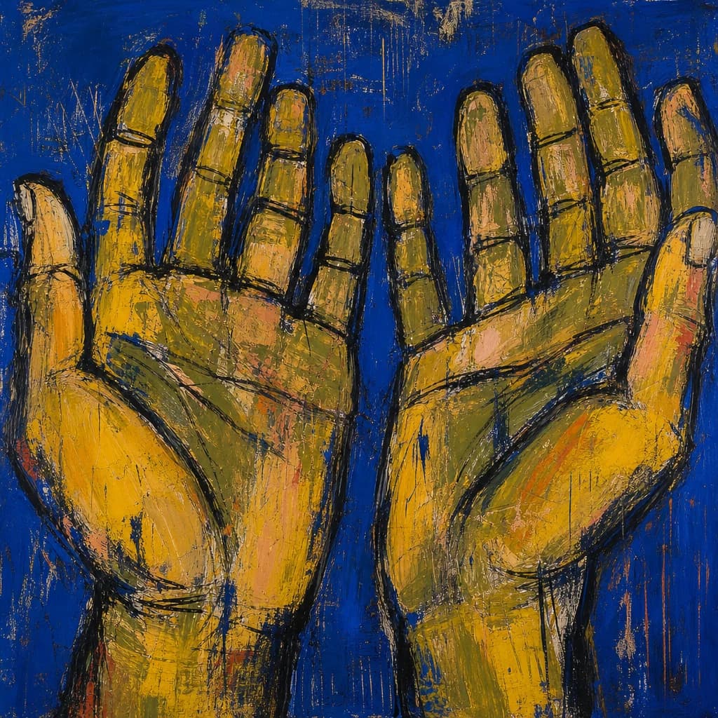 Two large open hands, palms up and empty, cropped so they fill the whole canvas and the wrists run off the bottom edge. Heavy ochre and olive over deep cobalt, thick black contour around every finger.