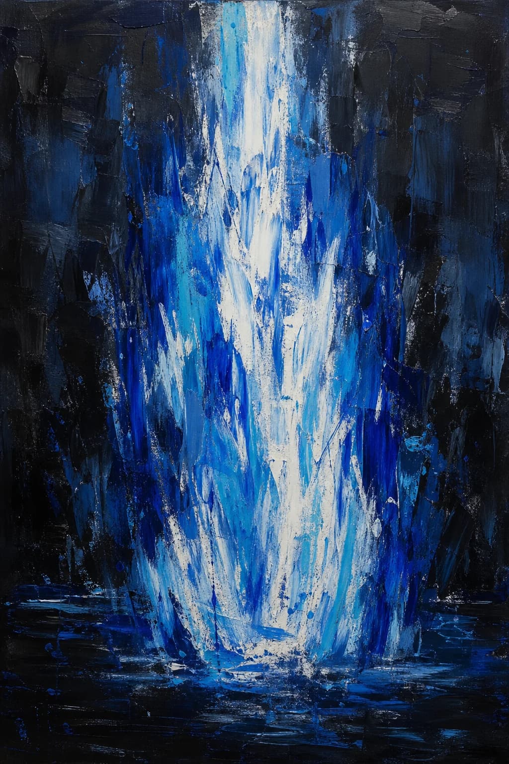 No figures at all. A column of blue-white fire rising through a dark charcoal field, built from thick vertical strokes of cobalt and cyan, hottest and palest at the centre. No warm colour anywhere.