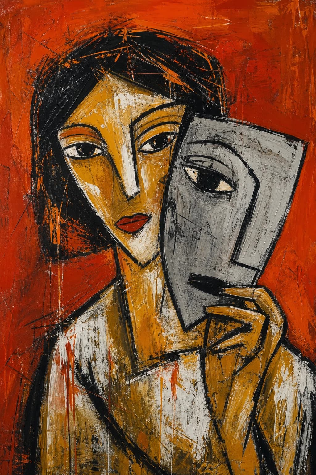 A figure holds a flat grey mask away from its own face on a burnt orange ground. The face underneath is warmer and more alive than the mask covering it, in ochre and white with a red mouth.