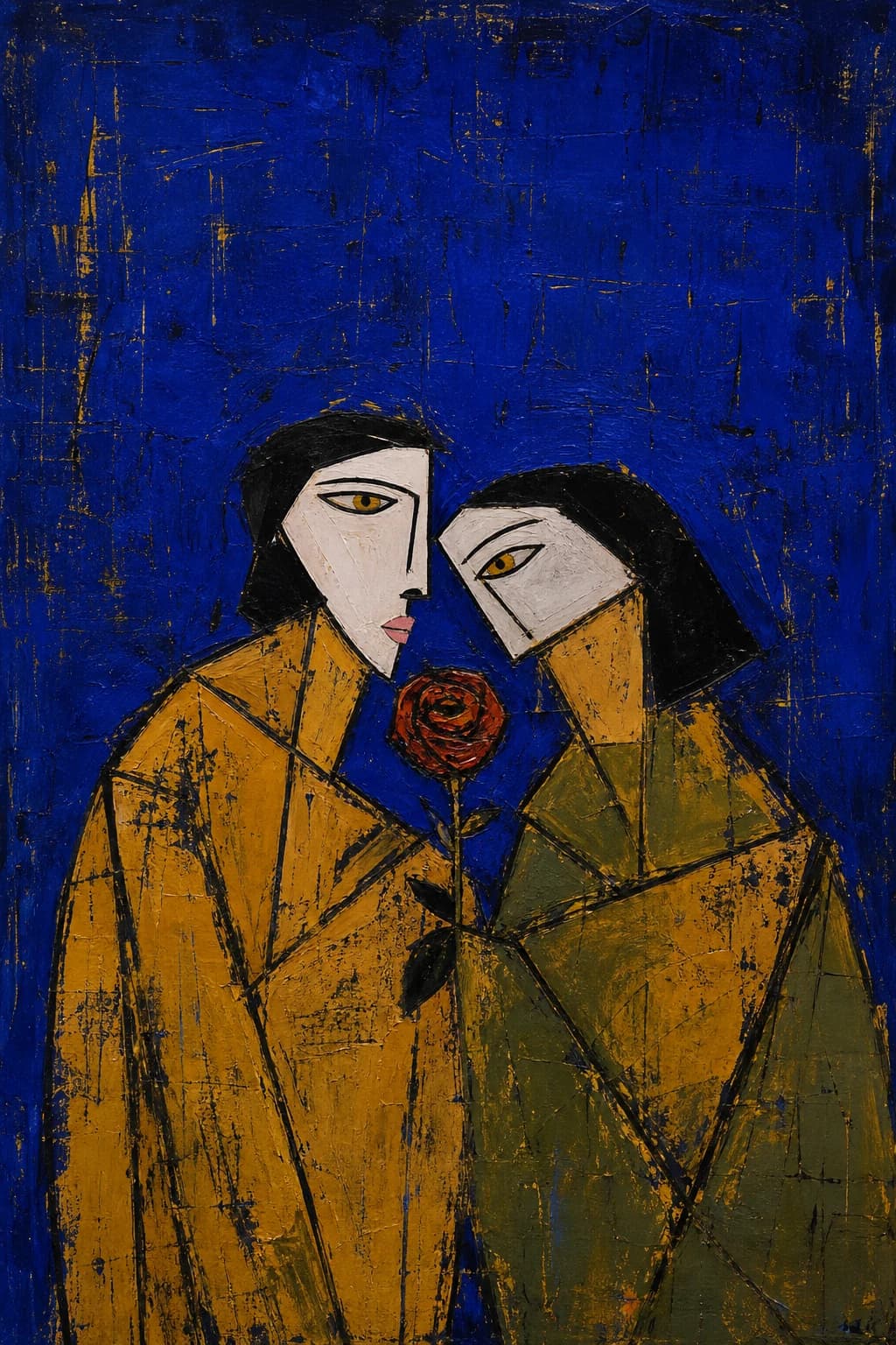 Two figures leaning toward each other on a bare cobalt ground, bodies in ochre and olive under heavy black contour, a single red rose held between them.