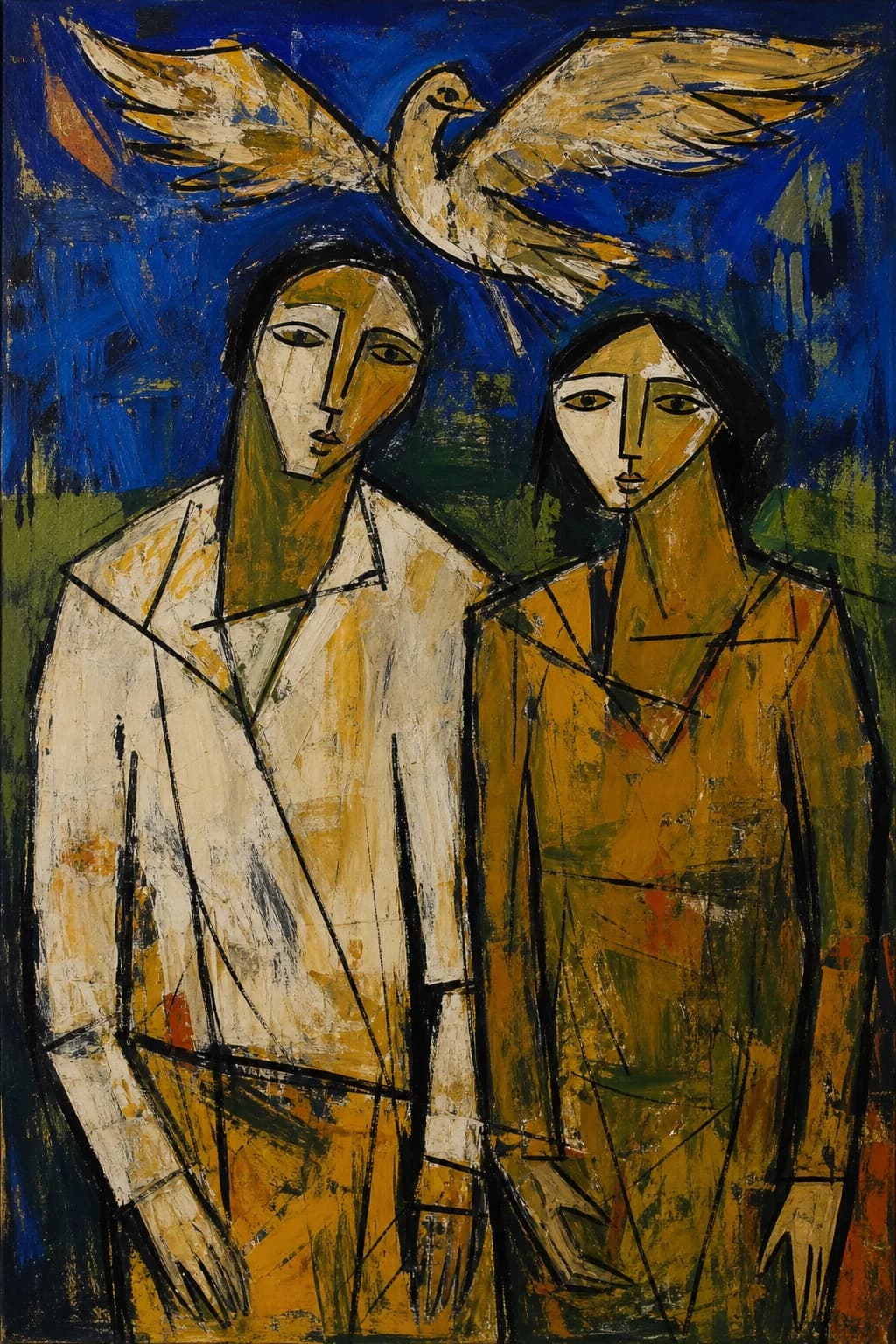 Two figures side by side in warm ochre and white against a deep blue and green ground, heavy black contours, a bird above them.
