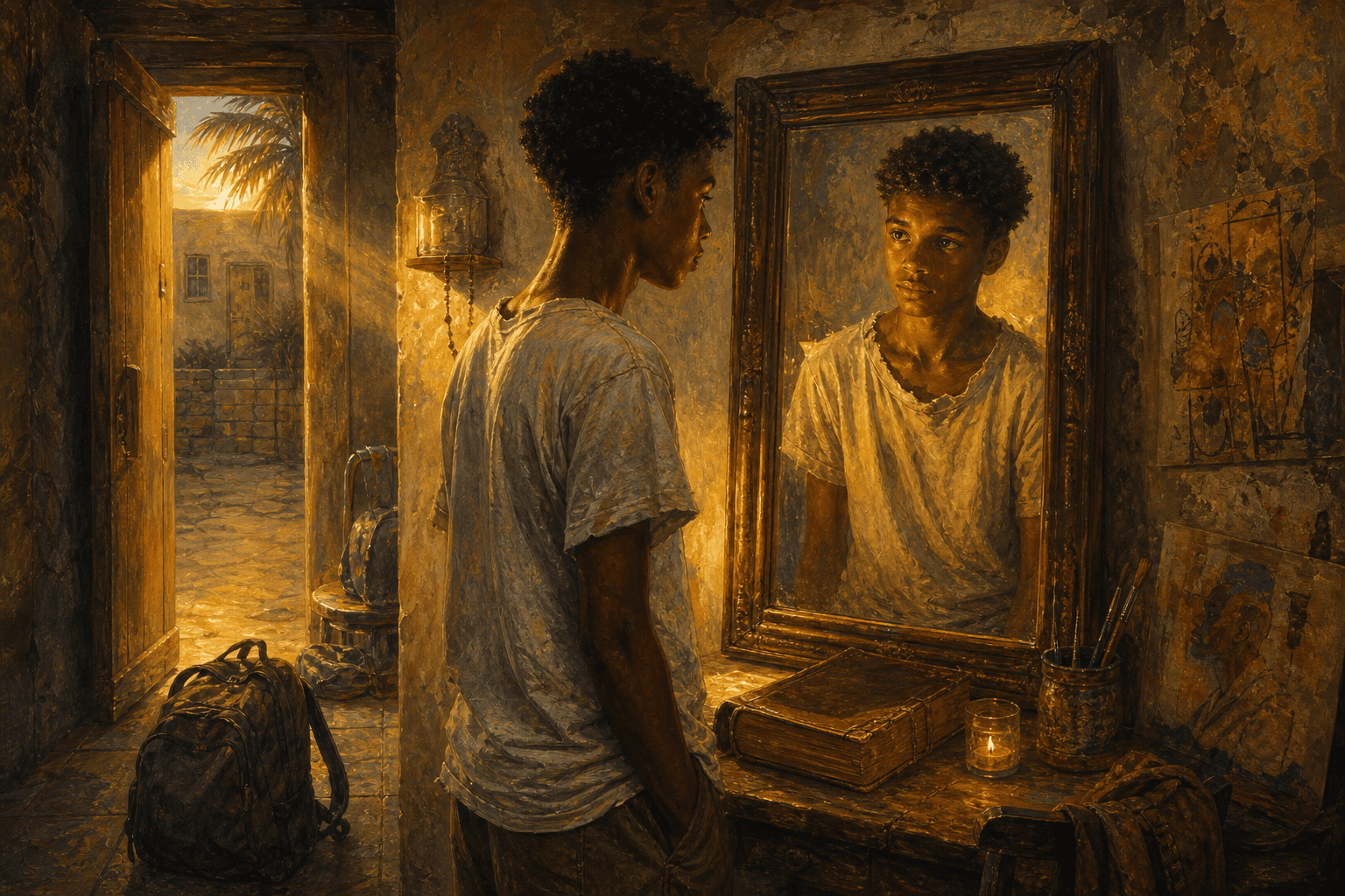 An imagining of the moment he saw himself for the first time.
