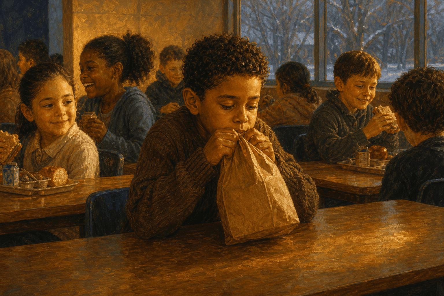 An imagining of the boy at school, hiding the empty bag.